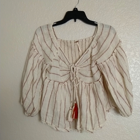 Free people Evey balloon sleeve tassels boho top sz S - Picture 2 of 7